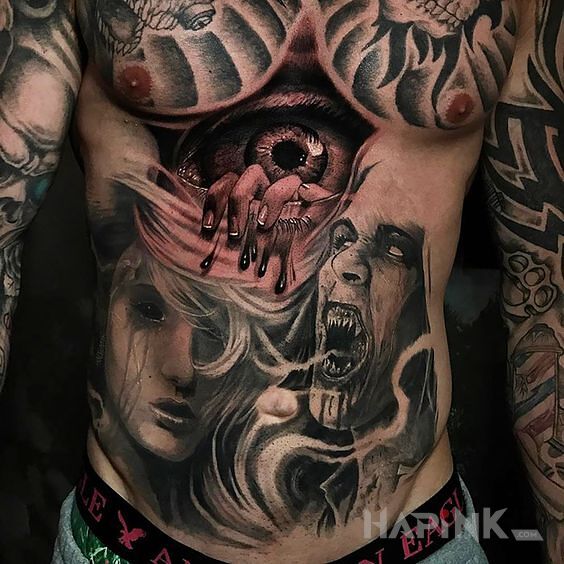 Tattoo Dłoń wychodząca z oka in 3D motif and realistic style on the stomach