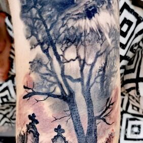 Tattoo Owl over the cemetery on the leg motif: animals style: realistic