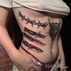 Tattoo Scythe under the rib on the ribs motif: objects style: graphic / illustrative