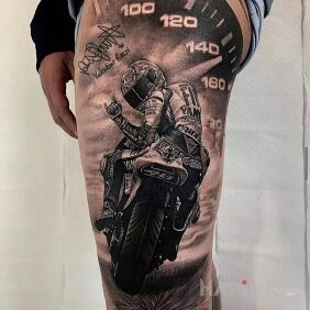 Tattoo Ride to the max on the leg motif: characters style: realistic