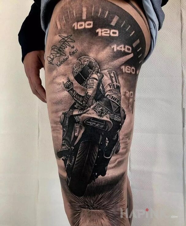 Tattoo Jazda na maksa in black and gray motif and realistic style on the leg