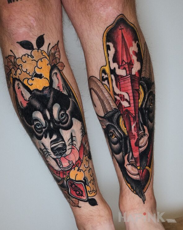 Tattoo Pies / Kościół / Kozioł in animals motif and neo-traditional style on the leg
