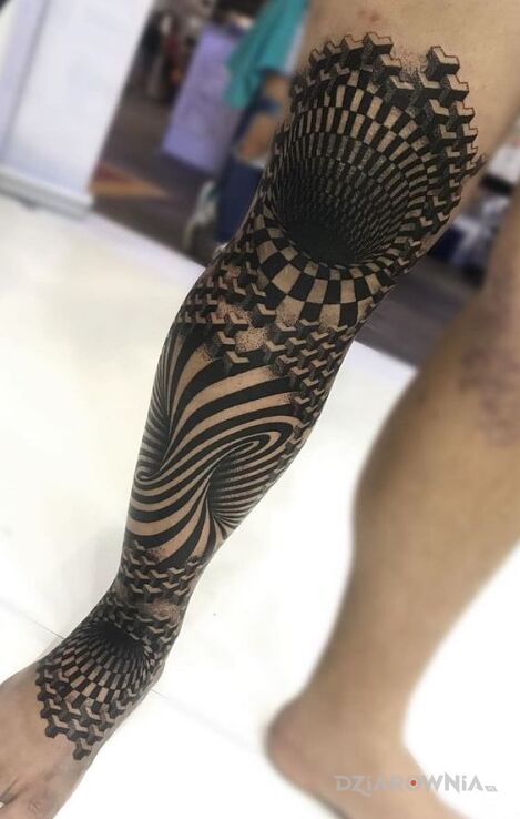 Tatuaż zapadnięte kolano w motywie 3D i stylu iluzja optyczna przy kostce