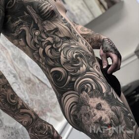 Tattoo Born to get tattooed on the ribs motif: black and gray style: realistic