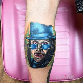 Tattoo Dracula on the calf motif: characters style: realistic