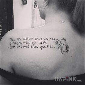Tattoo Quote from Winnie the Pooh on the shoulder blades motif: lettering style: calligraphy
