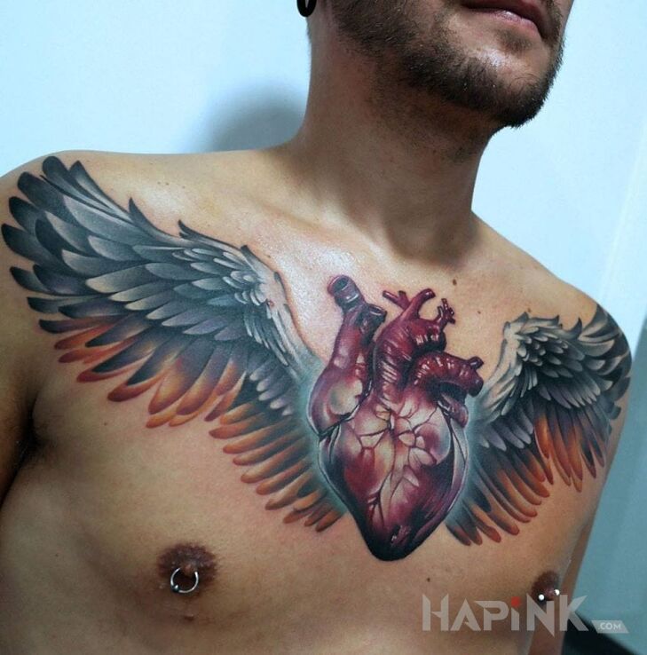 Tattoo Skrzydlate serducho in 3D motif and realistic style on the chest