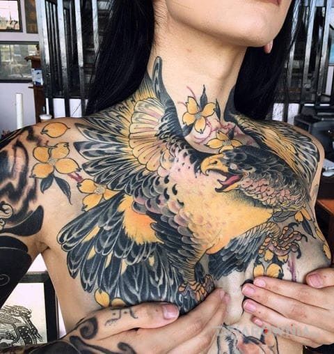 Tatuaż kolorowy ptak w motywie seksowne na klatce