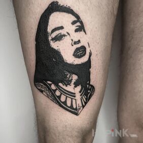 Tattoo Face on the thigh motif: faces style: blackwork / blackout