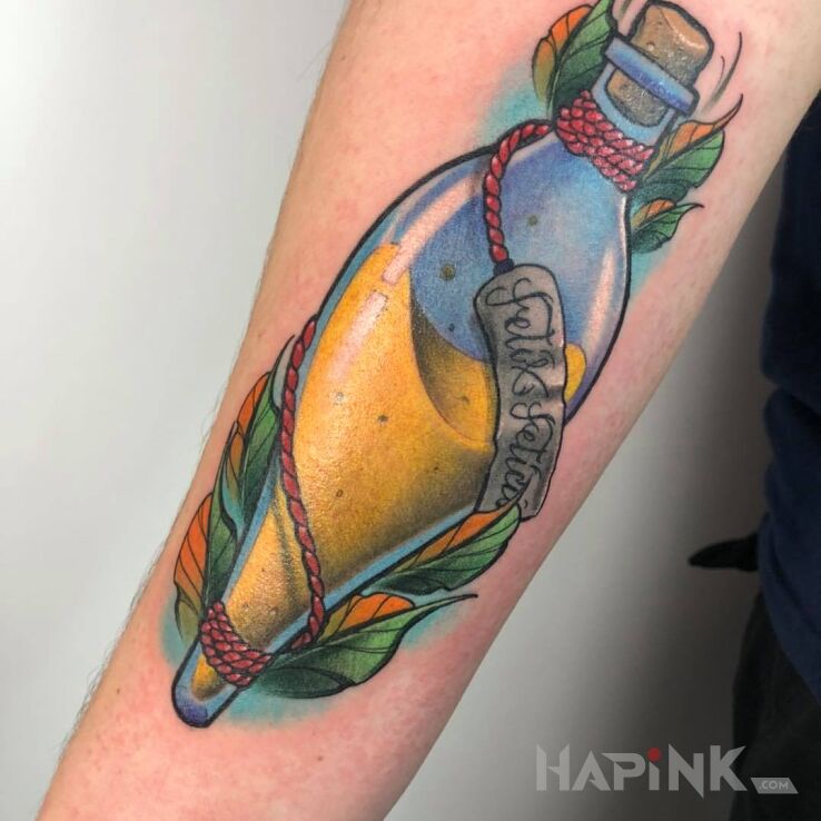 Tattoo Butelka in objects motif and neo-traditional style on the forearm