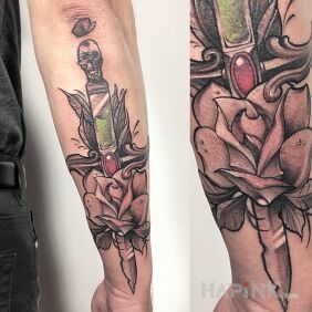 Tattoo Dagger On the arm motif: black and gray style: neo-traditional