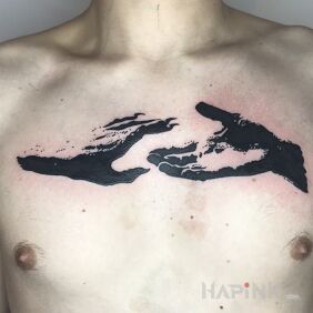 Tattoo Creation on the chest motif: religious style: blackwork / blackout