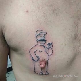 Tatuaż Wąsacz 🤣 na klatce motyw: postacie styl: kontury / linework