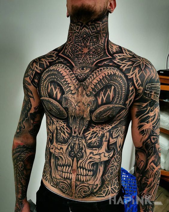 Tattoo Rogata klata in black and gray motif and realistic style on the chest