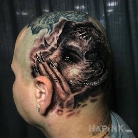 Tattoo Whispering she-devil behind the ear motif: demons style: realistic