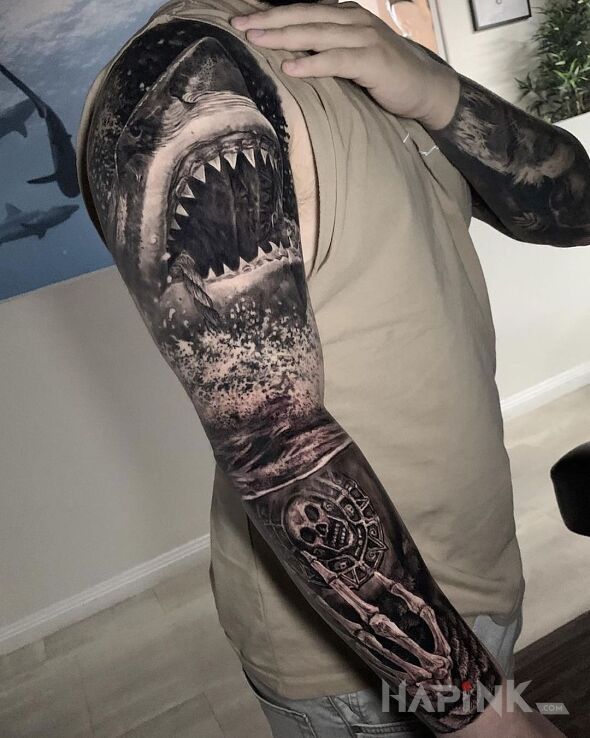 Tattoo Nie zadzieraj z rekinem in sleeves motif and realistic style on the forearm