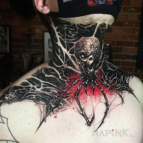 Tattoo A spider like you've never seen before on the throat motif: black and gray style: graphic / illustrative