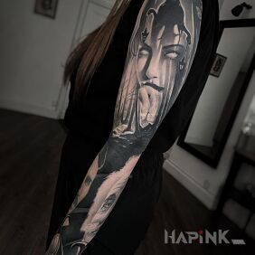 Tattoo Phantom On the arm motif: black and gray style: realistic