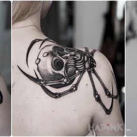 Tattoo Skull / Spider on the shoulder motif: dark style: dotwork