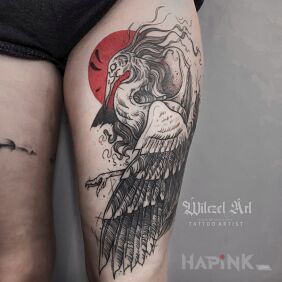Tattoo Crane / Bird / Sun on the leg motif: animals style: graphic / illustrative