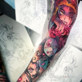Tatuaż Chińskie bajki i te sprawy na ramieniu motyw: twarze styl: graficzne / ilustracyjne