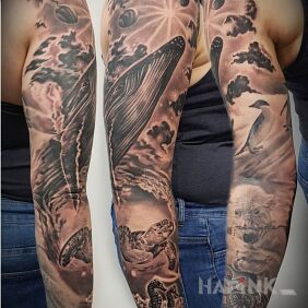 Tattoo Sleeve in nautical style On the arm motif: animals style: realistic