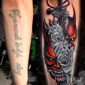 Tattoo Japanese cover On the arm motif: demons style: japanese / irezumi