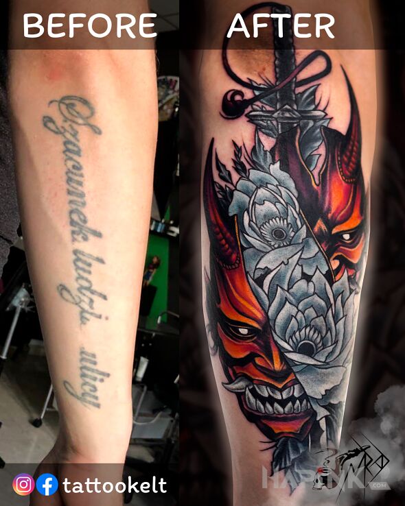 Tattoo Japoński cover in colorful motif and japanese / irezumi style on the forearm