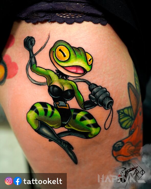 Tattoo Bdsm frog in colorful motif and newschool style on the leg