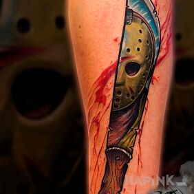 Tattoo Jason Friday the 13th on the forearm motif: colorful style: newschool