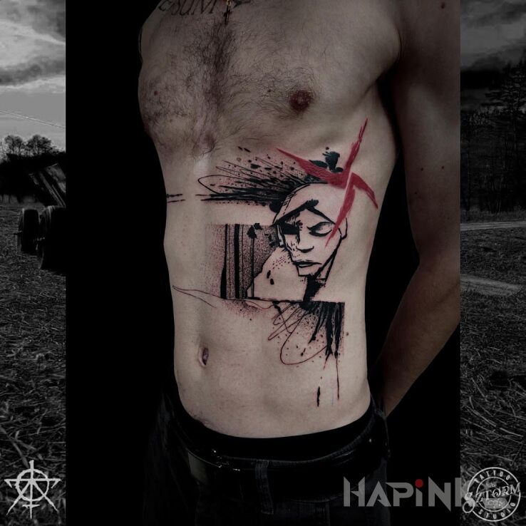 Tattoo Muzyczna abstrakcja Ziotewicza in black and gray motif and abstract style on the ribs
