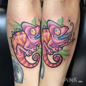 Tattoo Chameleon on the forearm motif: colorful style: newschool