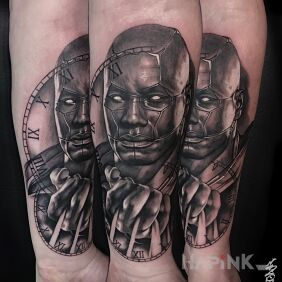 Tattoo Mortal on the forearm motif: characters style: realistic