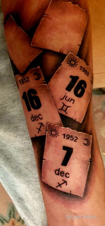Tatuaż kalendarz w motywie postacie na przedramieniu