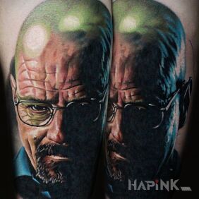 Tattoo Walter White on the forearm motif: colorful style: realistic