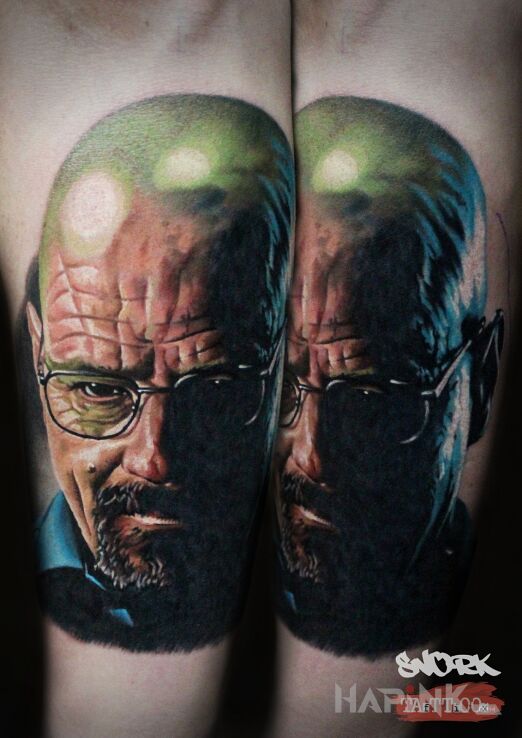 Tattoo Walter White in characters motif and realistic style On the arm