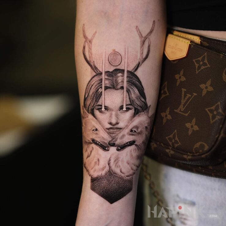 Tattoo Dziewka z lasu in black and gray motif and dotwork style on the forearm