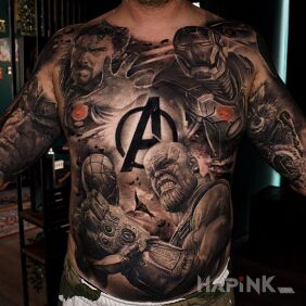 Tattoo Avengers End Game on the chest motif: black and gray style: realistic