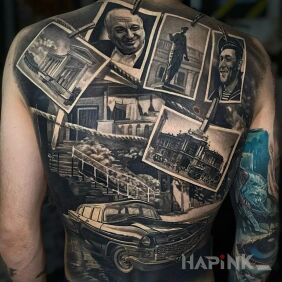 Tattoo Mementos from bygone years on the shoulder blades motif: 3D style: realistic