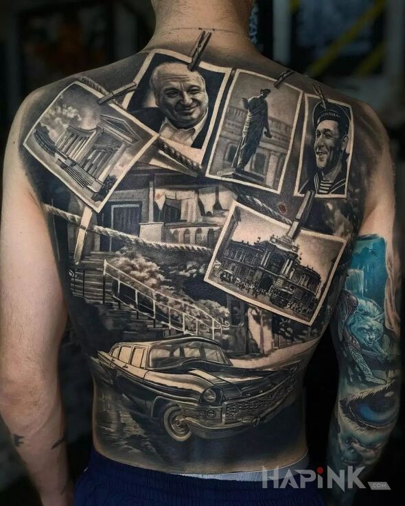 Tattoo Pamiątki z dawnych lat in faces motif and realistic style on the back
