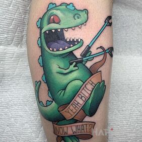 Tattoo Yeah bitch now what? on the calf motif: colorful style: newschool