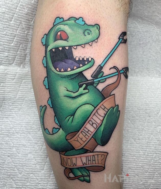 Tattoo Yeah bitch now what? in funny motif and newschool style on the leg