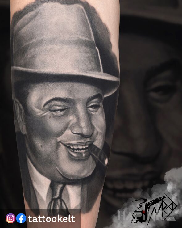Tattoo Al capone in 3D motif and realistic style on the forearm