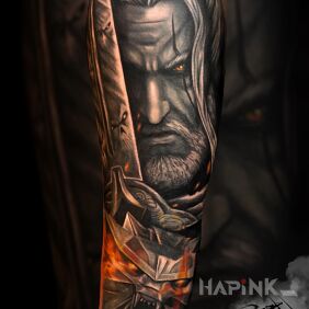 Tattoo Geralt the Witcher On the arm motif: colorful style: realistic