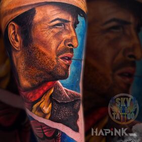 Tattoo Lucky Luke on the forearm motif: faces style: realistic