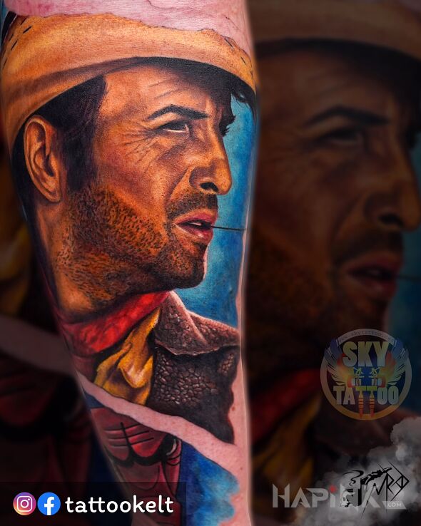 Tattoo Lucky Luke in colorful motif and realistic style on the forearm