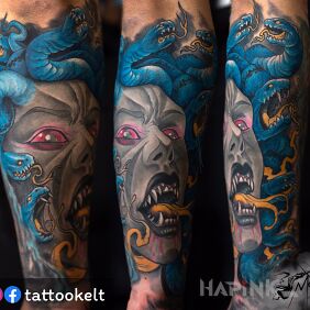 Tattoo Medusa on the forearm motif: fantasy style: neo-traditional