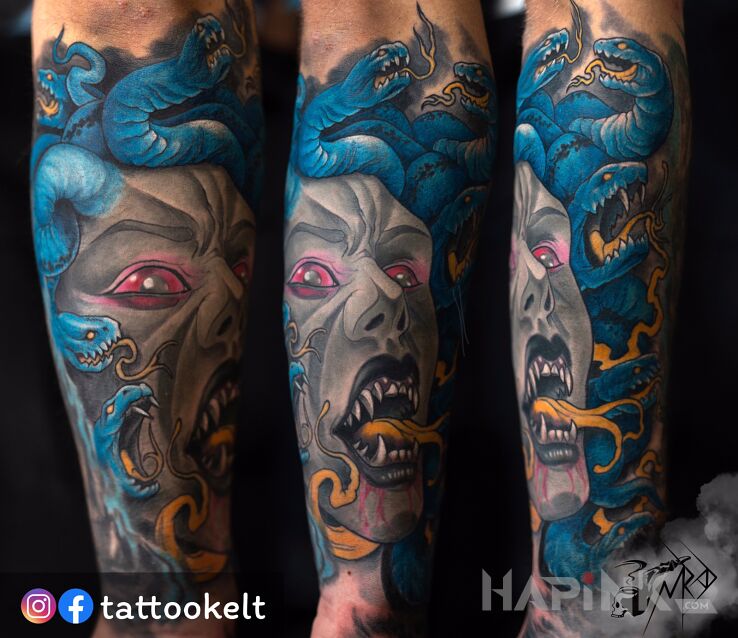 Tattoo Meduza in colorful motif and neo-traditional style On the arm