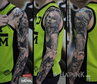 Tattoo Rękaw z babeczkami in black and gray motif and realistic style On the arm