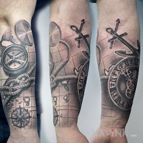 Tattoo Nautical half sleeve on the forearm motif: objects style: realistic